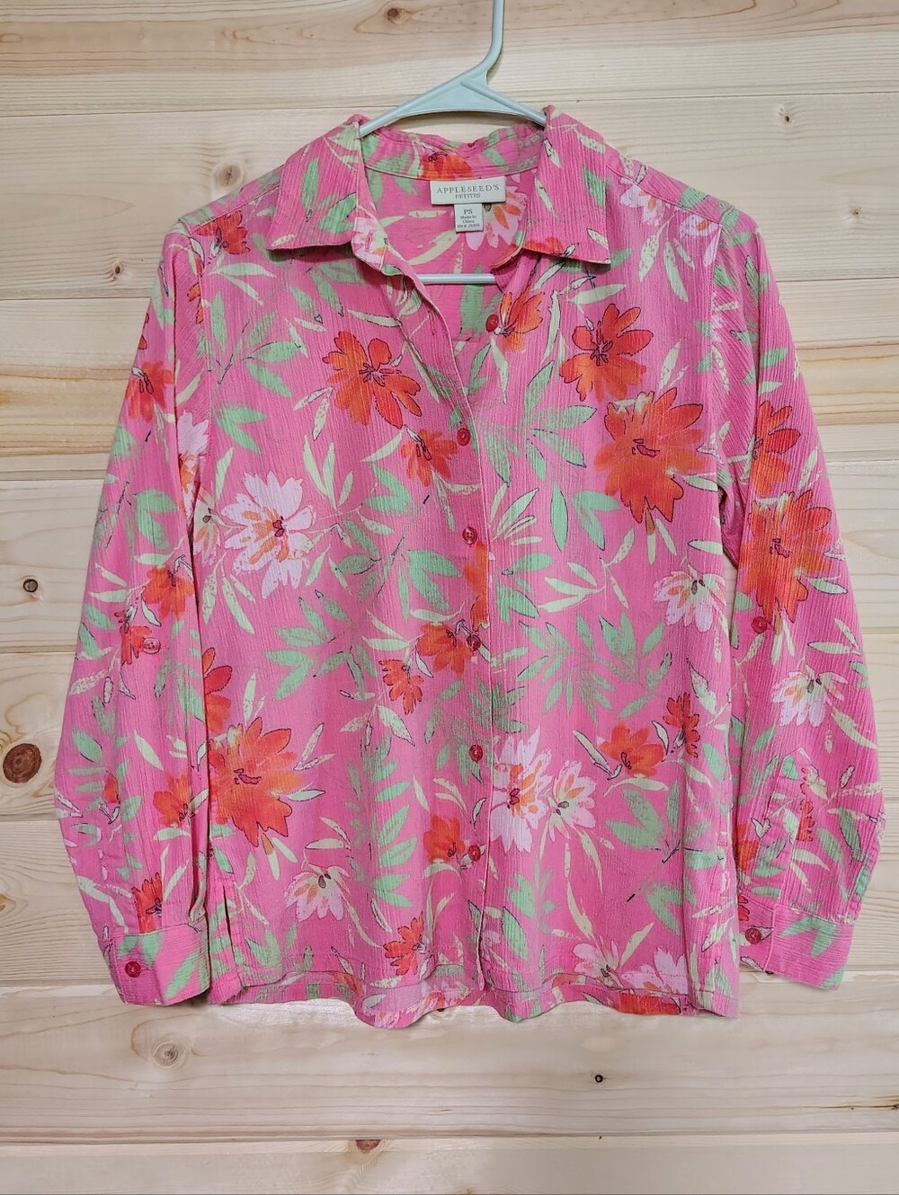 Appleseed’s Petites Pink Floral Button Front Top PS 100% Cotton Coastal Grandma